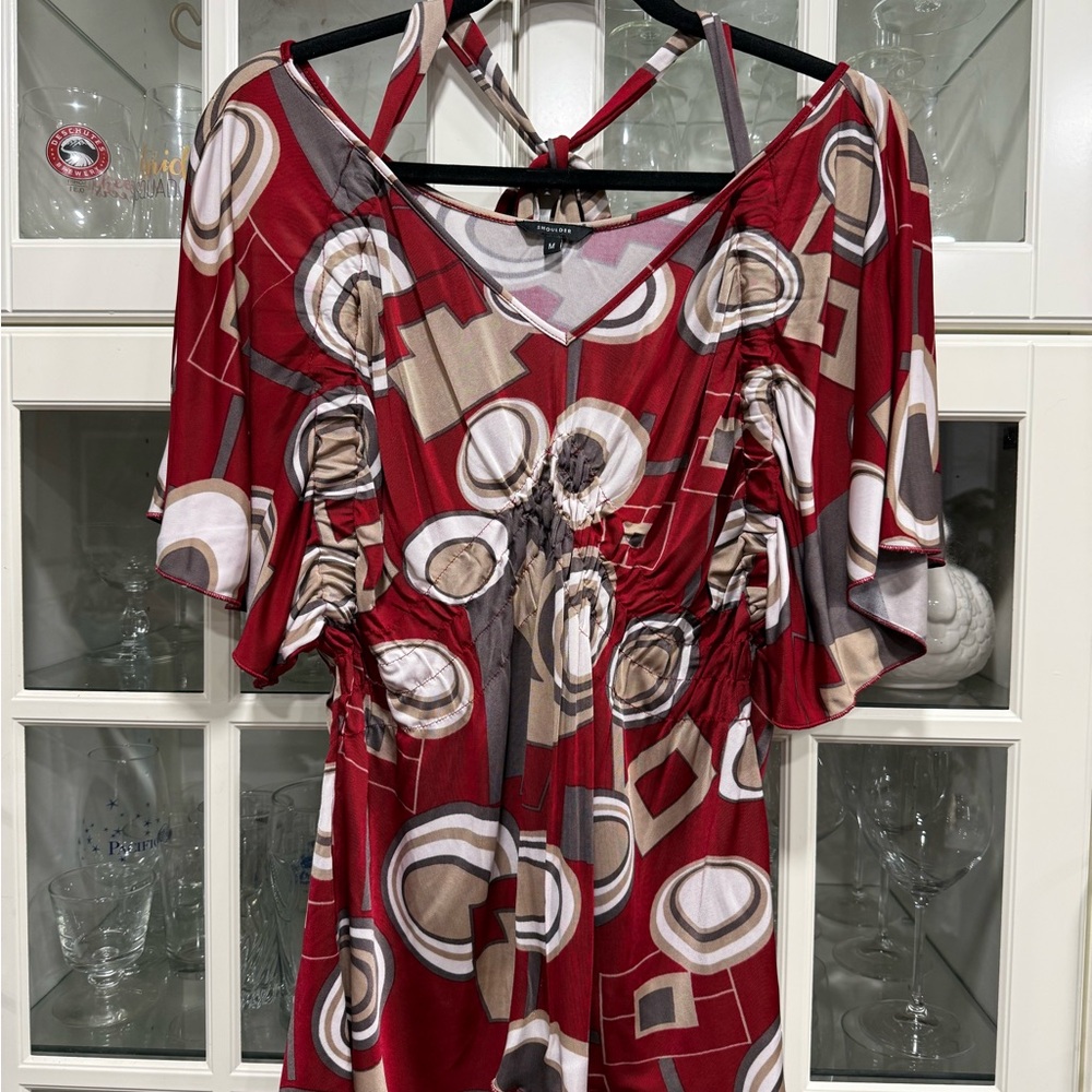 Shoulder - Geometric Red and Brown Blouse